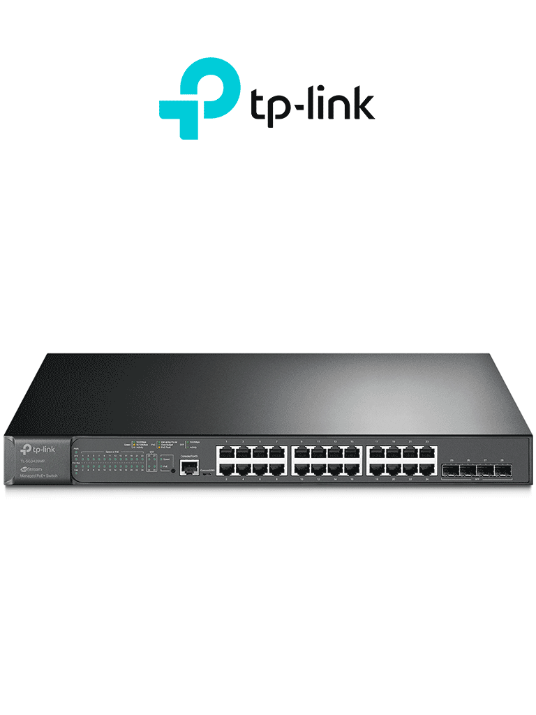 TP-LINK SG3428MP - Switch L2+ Omada PoE+ con 24 puertos PoE+ 10/100/1000 Mbps 4 puertos SFP 1G consola RJ45 y microUSB además gestión centralizada Omada o Stand-Alone con soporte Multicast IGMP QoS y presupuesto PoE 384W.