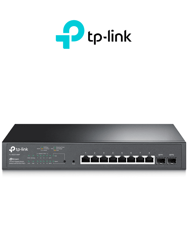 TP-LINK SG2210MP - Switch JetStream SDN administrable con 8 puertos 10/100/1000 Mbps y 2 puertos SFP equipado con 8 puertos PoE y un presupuesto total de 150W. Permite administración centralizada a través de OMADA SDN."