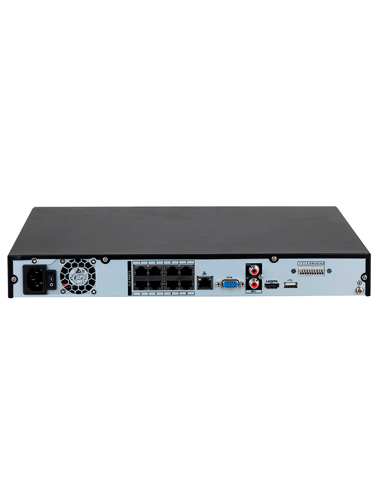 DAHUA DHI-NVR4208-8P-4KS3 NVR de 8 MP/ 4k/ 8 Canales IP/ 8 Puertos PoE/ Rendimiento de 160 Mbps/ H.265+/ 2 Bahías de discos duros / Soporta cámaras WizSense/ HDMI 4k & VGA/ 4 canales SMD Plus/ E&S de Alarma/