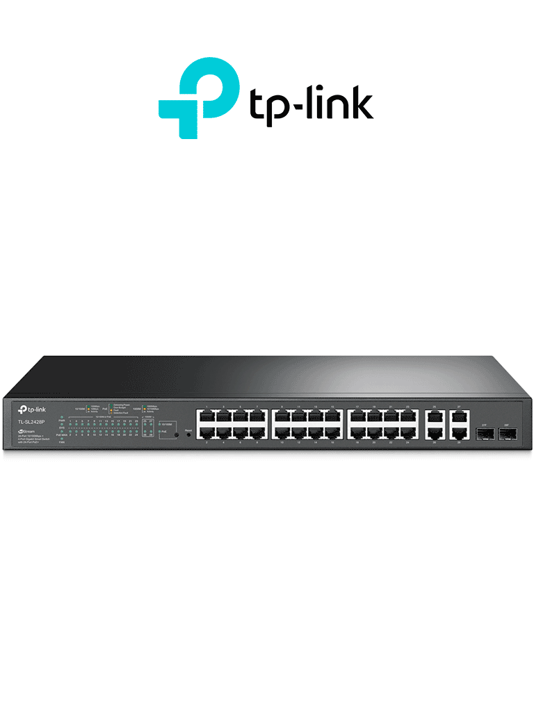 TP-LINK SL2428P - Switch PoE+ JetStream SDN administrable con 24 puertos 10/100 Mbps 2 puertos 10/100/1000 Mbps (Uplink) 2 puertos SFP (combo 2 RJ45 10/100/1000 Mbps) capacidad de 250W y administración centralizada OMADA SDN.
