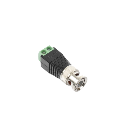 Adaptador de conector BNC macho a 2 terminales-tornillo para cables AWG-26-14 en aplicaciones Video Vigilancia Níquel/ Oro/ PTFE y PVC.