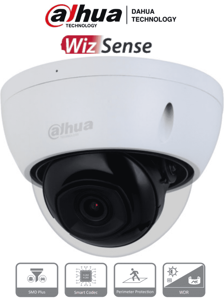 DAHUA DH-IPC-HDBW2241E-S Cámara IP Domo Antivandálica de 2 Megapixeles. Lente de 2.8 mm micrófono integrado analíticos IVS 106° de visión IR de 30 m WDR real 120 dB compresión H.265+ ranura MicroSD carcasa metálica IP67 e IK10