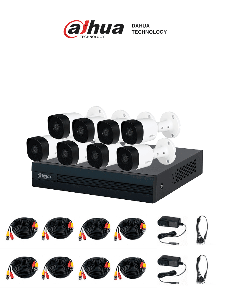 DAHUA KITXVR1B08- I+8-B2A21- Kit de 8 Canales DVR Cooper-I WizSense con IA y H.265+ 8 cámaras B2A21 de 1080p metálicas soporte para hasta 10 canales IP 4 canales con SMD Plus para detección de humanos y vehículos y accesorios incluidos.