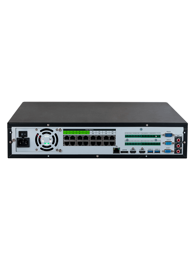 DAHUA DHI-NVR5832-16P-EI -NVR de 32 canales IP 4K con 16 puertos PoE y 8 puertos ePoE. Ofrece tecnología Acupick detección y reconocimiento facial SMD 8 bahías para discos duros y admite RAID 0/1/5/6/10 con un ancho de banda de 384 Mbps.