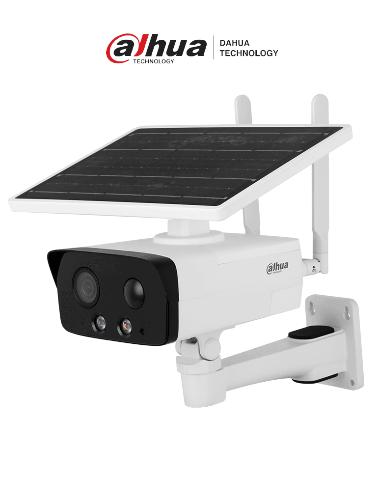 DAHUA DH-IPC-HFW2431DG-4G-SP-LA-B Cámara IP bullet 4G con panel solar y batería resolución 4MP. Disuasión activa IR hasta 50 m luz cálida 30 m. Incluye ranura para Micro SD audio bidireccional Starlight H.265 IP67. #IASMD #LoNuevo #XCDAHUA