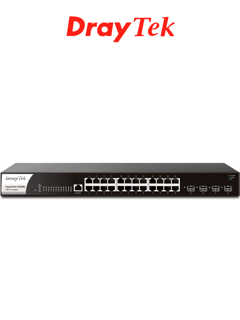 DrayTek Vigorswitch G2280x - Switch Gigabit Ethernet Administrable Capa 2 con 24 puertos Gigabit Ethernet además de 4 puertos SFP & SFP+ y capacidad de switching hasta 128 Gbps
