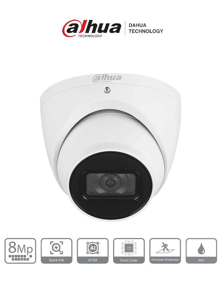 DAHUA DH-IPC-HDW3841EM-S-S2 - Cámara IP Domo de 8 MP con diseño Eyeball lente 2.8 mm y tecnología WizSense. Ofrece visión nocturna con IR de 30m SMD 4.0 y AI SSA para análisis inteligente. Incluye ranura para MicroSD y protección IP67 soportando