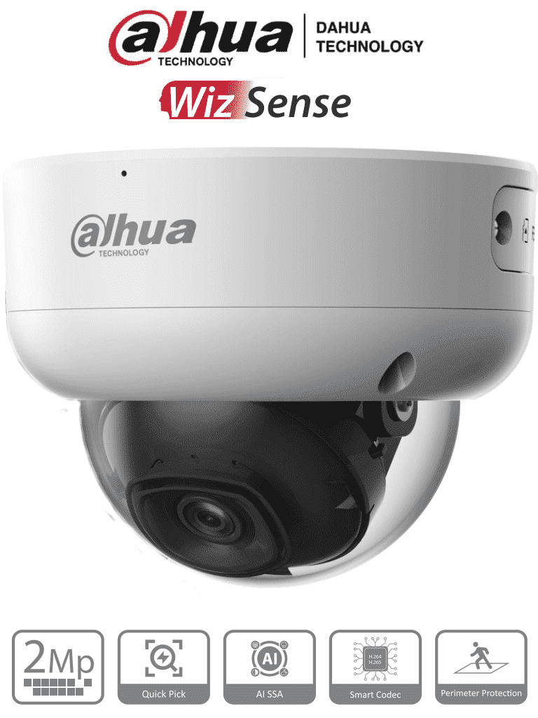 DAHUA IPC-HDBW3241E-AS-S2 -Cámara IP Domo Antivandálica d 2MP con lente d 2.8mm y 107° d visión WizSense IR de 50m micrófono integrado SMD 4.0 AI SSA Quick Pick protección IP67/IK10 PoE WDR real E/S de alarmas y ranura microSD #IMD #DA5