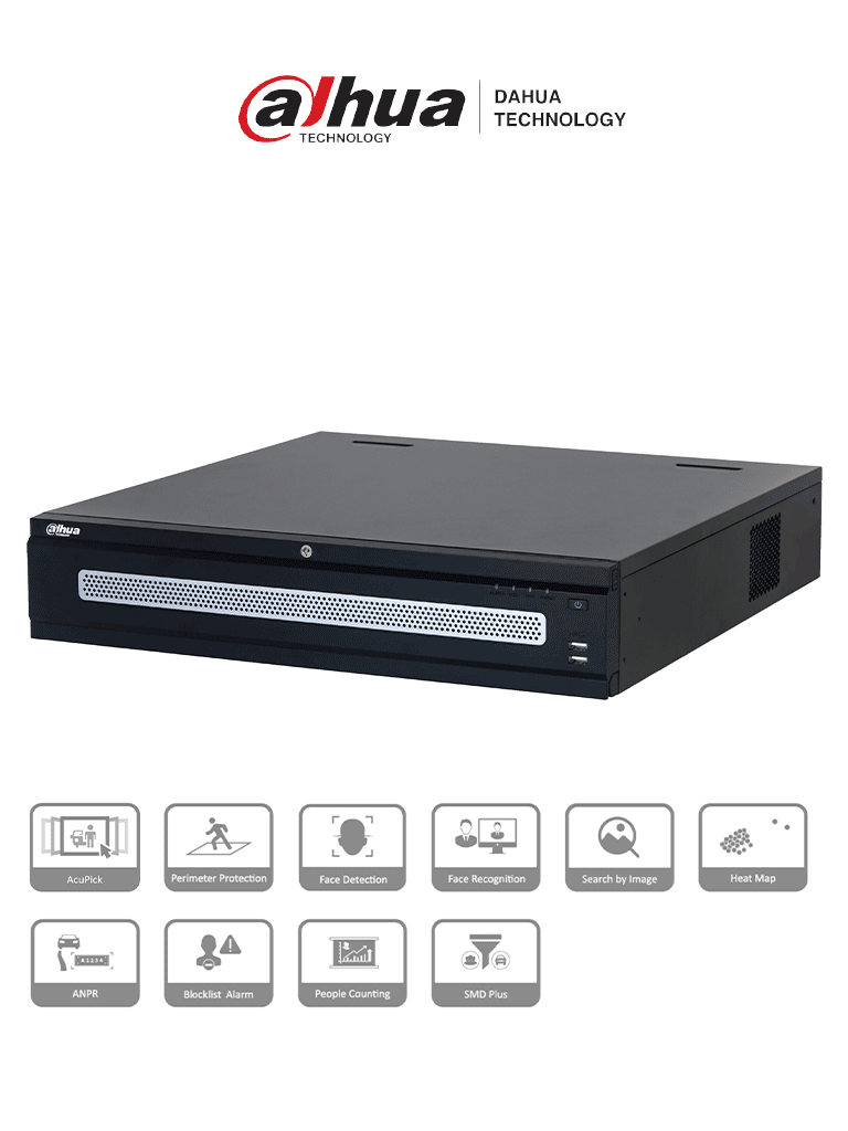 DAHUA DHI-NVR608RH-128-XI - NVR con tecnología Acupick y WizMind 128 canales 32MP 8HDD 1024Mbps. Clúster N+M RAID0/1/5/6/10 Hot Swap. Detección de rostros metadatos protección perimetral SMD Plus y soporte IA por cámara.