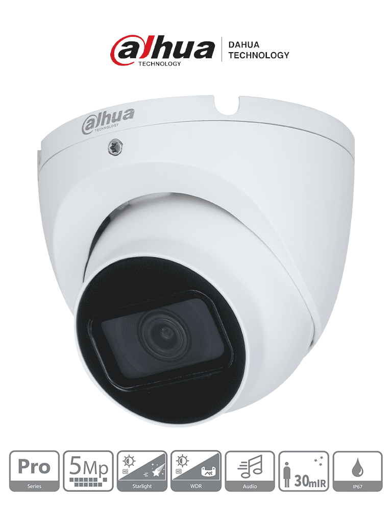 DAHUA HAC-HDW2501TLM-A - Cámara Domo 5MP Serie Pro con lente de 2.8mm y ángulo de 111°; IR 30m micrófono integrado carcasa metálica WDR 120dB IP67 con tecnología Starlight y HDCVI. Calidad superior en cualquier entorno.