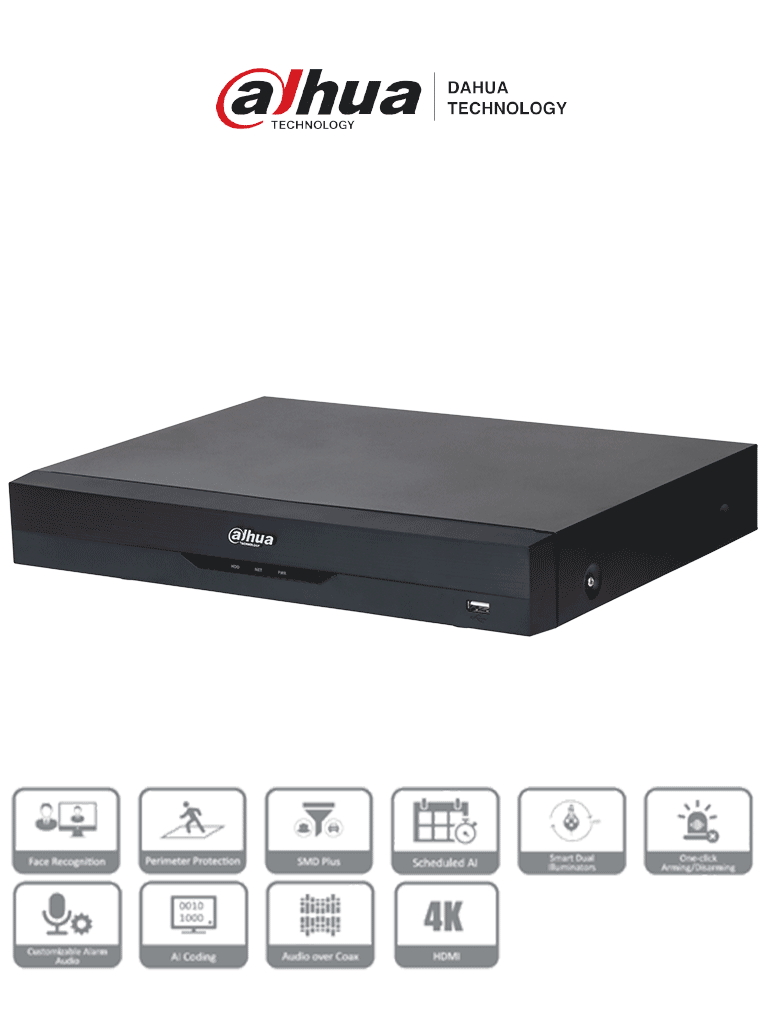 DAHUA XVR5116HE-4KL-I3 - DVR 16 Canales 4K con IA WizSense H.265+ 16 Canales HDCVI+IP (32 Ch máx.) Reconocimiento Facial SMD Plus Protección Perimetral 16&3 E&S Alarma 1 Puerto SATA.