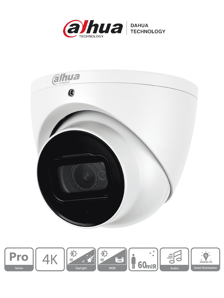 DAHUA HDW2802T-A - Cámara Domo EyeBall 4K Starlight de 8 MP lente de 2.8 mm IR de 50 m WDR real 120 dB IP67. Ideal para vigilancia en alta resolución con excelente rendimiento en condiciones de poca luz y protección robusta contra el clima. #Pro