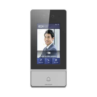 Videoportero IP 2 Megapixel / Llamada y Apertura Remota desde App Hik-Connect / Reconocimiento Facial / Panel touch 4.3"/ Exterior IP65 + Antivandalico IK08 / Botón mecanico de llamada / PoE / 1 Departamento / Apertura con Tarjeta Codigo PIN