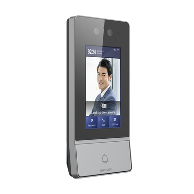Videoportero IP 2 Megapixel / Llamada y Apertura Remota desde App Hik-Connect / Reconocimiento Facial / Panel touch 4.3"/ Exterior IP65 + Antivandalico IK08 / Botón mecanico de llamada / PoE / 1 Departamento / Apertura con Tarjeta Codigo PIN