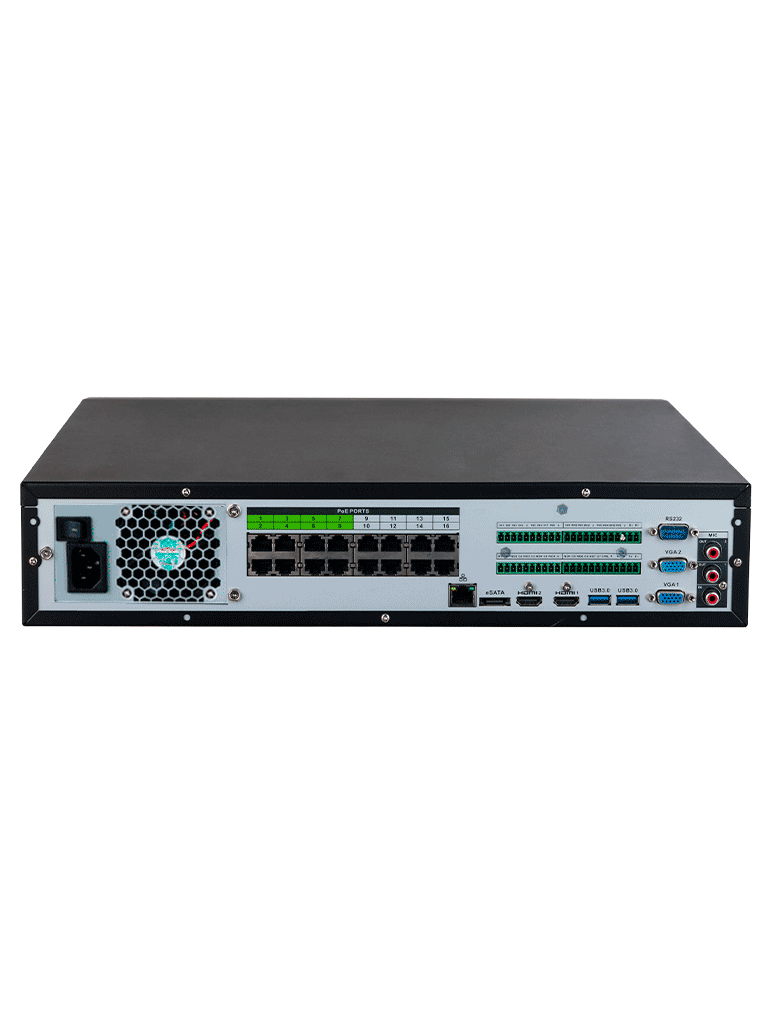 DAHUA DHI-NVR5832-16P-EI -NVR de 32 canales IP 4K con 16 puertos PoE y 8 puertos ePoE. Ofrece tecnología Acupick detección y reconocimiento facial SMD 8 bahías para discos duros y admite RAID 0/1/5/6/10 con un ancho de banda de 384 Mbps.