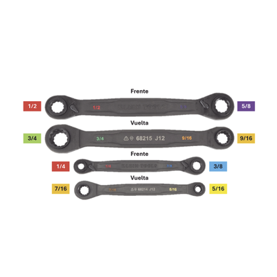 Juego de 2 llaves Estriadas de Matraca 4 en 1 con 8 Medidas Inglesas 1/2-5/8" 3/4-9/16" 1/4-3/8" 7/16-5/16"