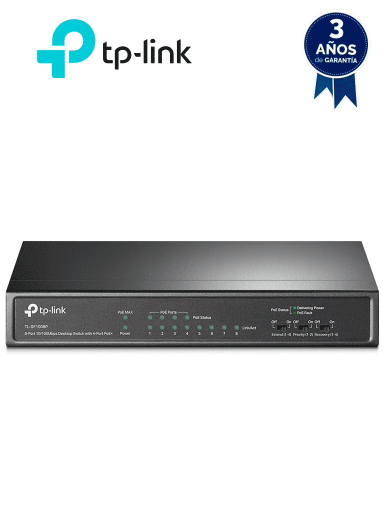 TP-LINK TL-SF1008P -Switch PoE no administrable con 8 puertos Fast Ethernet que incluye 4 puertos PoE AF y AT. Ofrece un presupuesto PoE de hasta 66W y soporta modo extendido para conexiones de hasta 250m de longitud.
