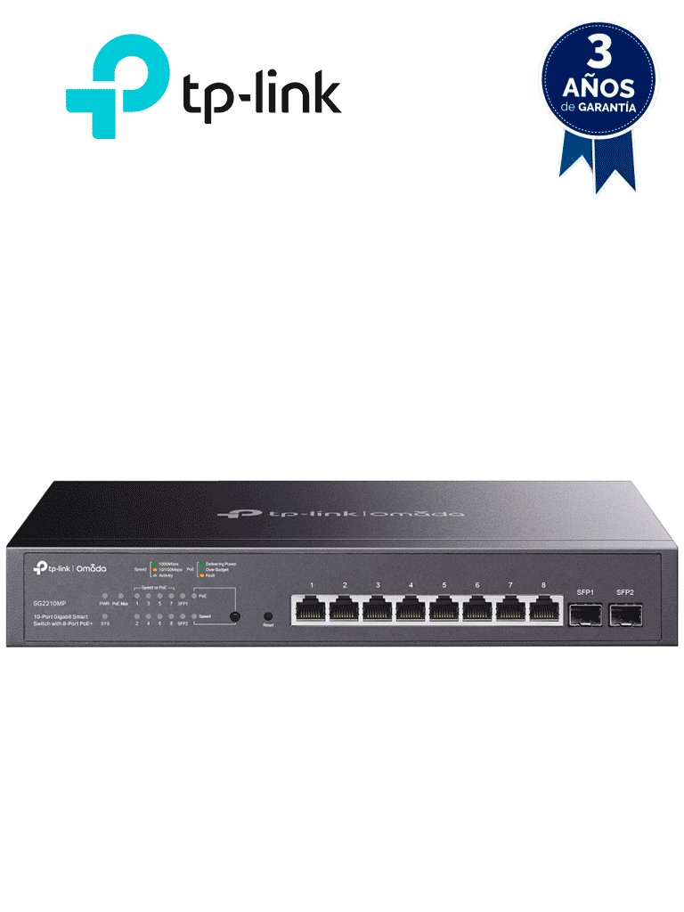 TP-LINK SG2210MP - Switch JetStream SDN administrable con 8 puertos 10/100/1000 Mbps y 2 puertos SFP equipado con 8 puertos PoE y un presupuesto total de 150W. Permite administración centralizada a través de OMADA SDN."