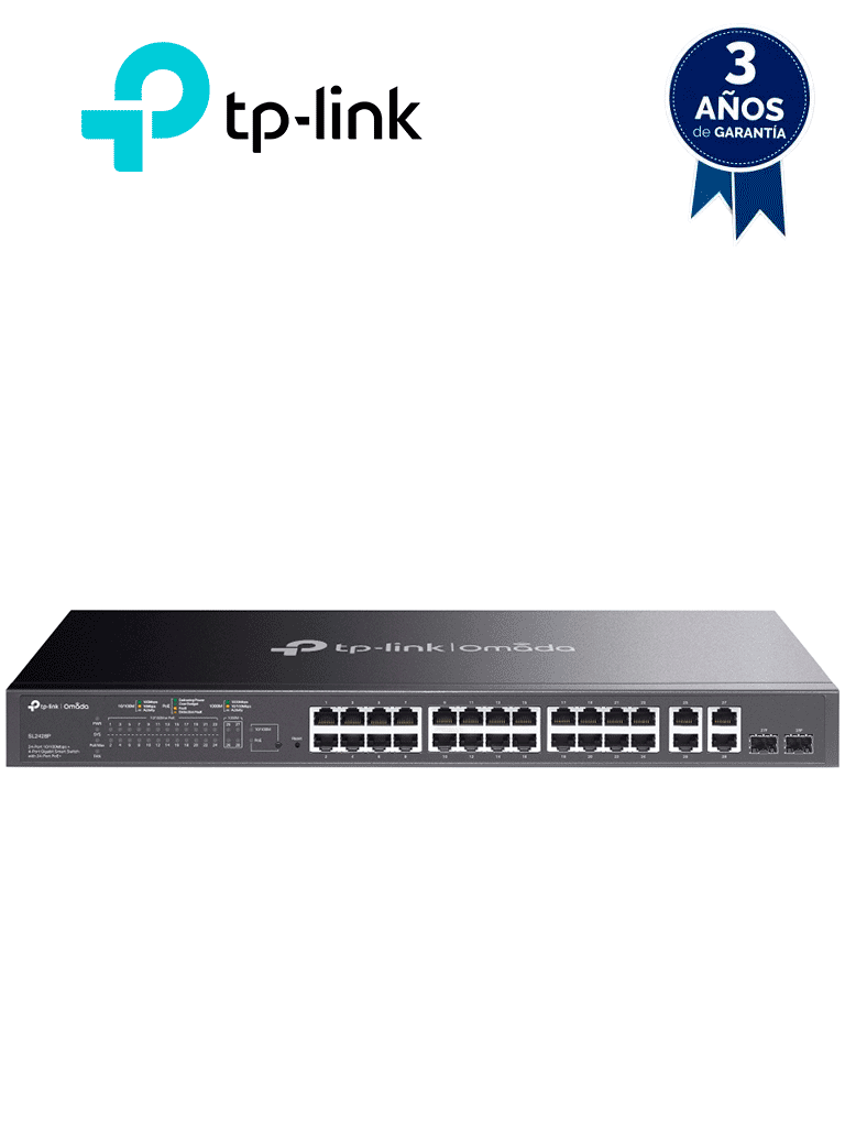 TP-LINK SL2428P - Switch PoE+ JetStream SDN administrable con 24 puertos 10/100 Mbps 2 puertos 10/100/1000 Mbps (Uplink) 2 puertos SFP (combo 2 RJ45 10/100/1000 Mbps) capacidad de 250W y administración centralizada OMADA SDN.