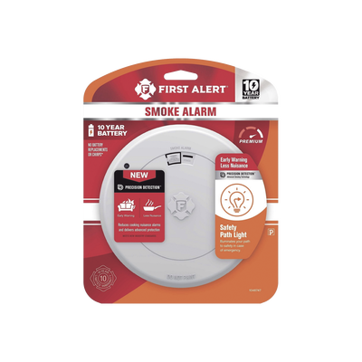 Alarma de Humo First Alert SM210L / Sensor Fotoelectrico / Batería de Litio Sellada de 10 Años / Luz de Seguridad / Rango de Temperatura 4.4°C a 37.8°C/ Cumple UL217 CSFM NFPA 72 NFPA 101 ICC