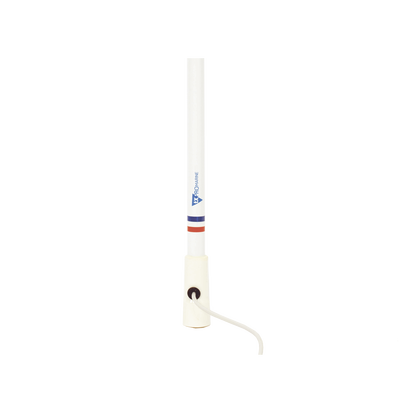 Antena marina VHF en fibra de vidrio en rango de 156 a 163 MHz Incluye 10 metros de cable y conector PL-259 macho.