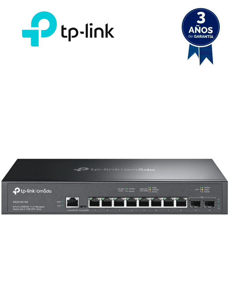 TP-LINK SG3210X-M2 - Switch administable L2 OMADA con 8 puertos RJ45 de 2.5GbE 2 puertos SFP+ 10G Gestión en la nube con OMADA DHCP Snooping 802.1X Autenticación Radius ACL QoS L2/L3/L4 y IGMP Snooping.