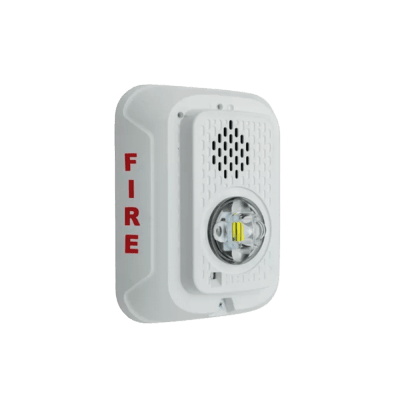 Sirena con Lámpara LED Estroboscópica / a 2 Hilos / Montaje en Pared / 12 o 24 Vcd / Configuración Estroboscópica Seleccionable / Texto en Inglés / Color Blanca
