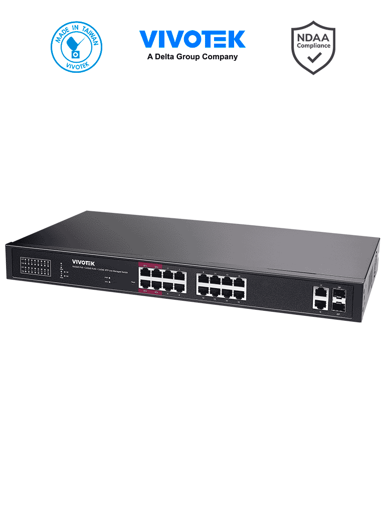 VIVOTEK AW-GEL-205A-260 - Switch PoE 20 puertos Administrable Lite 16 puertos GE 30W PoE 4 puertos GE 90W PoE 2 puertos GE UTP 2 puertos GE SFP lite 40 Gbps 260W totales PoE Extendido 250 Mts NDAA