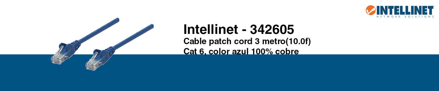 INTELLINET 342605 - Cable patch / CAT 6 / 3.0 metros (10.0Ft) / UTP Azul / Patch cord
