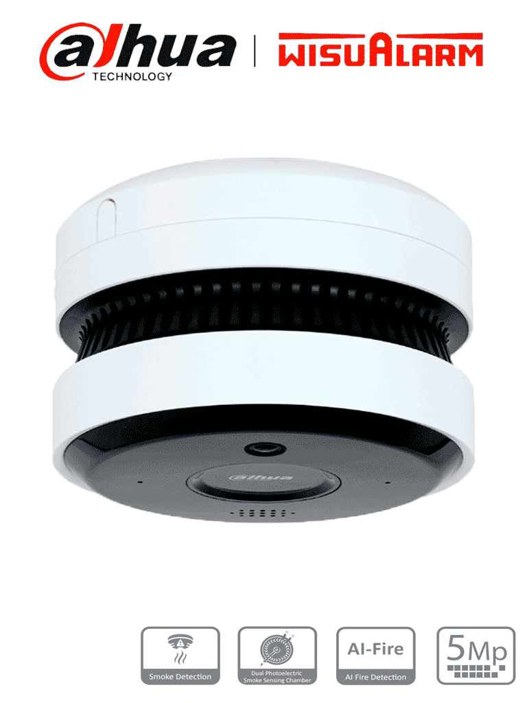 DAHUA WISUALARM DHI-HY-SAV849HA-E - Cámara IP 5MP con IA para Detección de Incendio/ Detector Fotoelectrico/ Buzzer de 85 dB/ WDR Real/ Flip/ E&S de Alarma/ IR de 20 Metros/ PoE/ Microfono y Altavoz/ Ranura MicroSD/ #LoNuevo #Wisualarm #MCI1 #WR #IP
