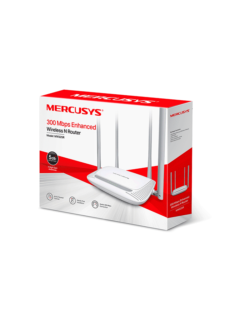 MERCUSYS MW325R - Router inalámbrico N con velocidad mejorada de 300 Mbps en la frecuencia de 2.4 GHz. Posee 1 puerto WAN y 3 puertos LAN de 10/100 Mbps junto con 4 antenas de 5 dBi para una mayor cobertura.