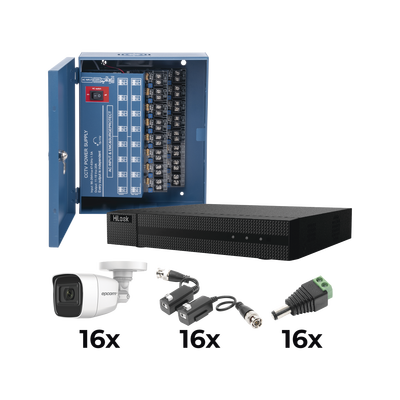 KIT TurboHD 1080p / DVR 16 Canales / 16 Cámaras Bala Policarbonato con Microfono (exterior 2.8 mm) / Transceptores / Conectores / Fuente de Poder Profesional