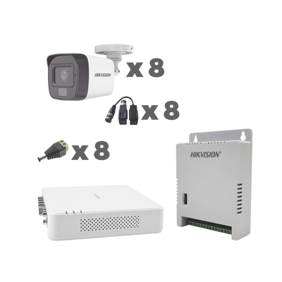 KIT TurboHD 1080p / DVR 8 Canales con audio por coaxitron / 8 Cámaras con Micrófono Integrado 101° Visión/ luz blanca + IR visión nocturna / Transceptores / Conectores / Fuente de Poder Profesional