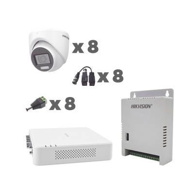 KIT TurboHD 1080p / DVR 8 Canales con audio por coaxitron / 8 Cámaras con Micrófono Integrado 101° Visión/ luz blanca + IR visión nocturna / Transceptores / Conectores / Fuente de Poder Profesional