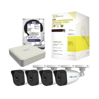 Kit IP 4 Megapixel / NVR de 4 Canales / 4 Cámaras IP / Bobina de Cable de 100 mts / Disco Duro 1 TB