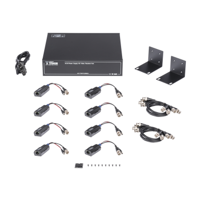 Kit de TRANSCEPTOR ACTIVO DE 8 CANALES / VIDEO+PODER en un solo Cable UTP / 150 metros en 4K 200 metros en 5 MP/ Envía 36 Vcc y Recibe 12 Vcc / TODO INCLUIDO PARA RACK / Compatible con cámaras HD-TVI/CVI/AHD/CVBS / INSTALACIÓN LIMPIA