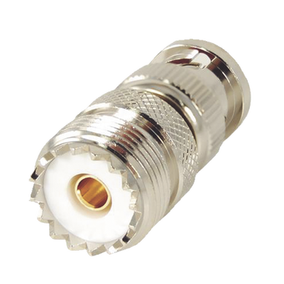Adaptador en Linea para 50 Ohm Conector BNC Macho-UHF Hembra (SO-239) Níquel/ Oro/ Delrin.