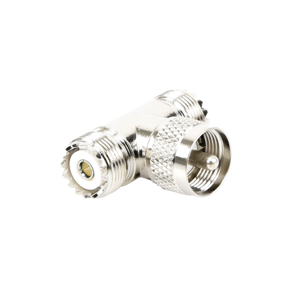 Adaptador en forma T de Conector UHF Macho (PL-259) a Doble UHF Hembra (SO-239) Níquel/ Plata/ Delrin.