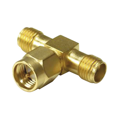 Adaptador en T de Conector SMA Macho a Doble SMA Hembras Oro/ Oro/ Teflón.