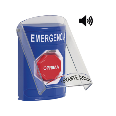 ?Botón Multipropósito Color Azul De Superficie Con Tapa De Policarbonato Con Bocina Pre Alarma Solo Interior Llave Para Restablecer Texto De Emergencia Español