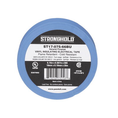 Cinta Eléctrica STRONGHOLD para Aislar  de PVC  Uso General Reparación y Mantenimiento  Grosor de 0.18mm (7 mil)  Ancho de 19mm  y 20.12m de Largo  Color Azul