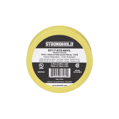 Cinta Eléctrica STRONGHOLD para Aislar  de PVC  Uso General Reparación y Mantenimiento  Grosor de 0.18mm (7 mil)  Ancho de 19mm  y 20.12m de Largo  Color Amarillo