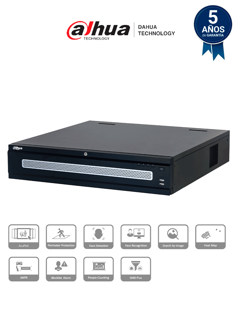 DAHUA DHI-NVR608RH-128-XI - NVR con tecnología Acupick y WizMind 128 canales 32MP 8HDD 1024Mbps. Clúster N+M RAID0/1/5/6/10 Hot Swap. Detección de rostros metadatos protección perimetral SMD Plus y soporte IA por cámara.