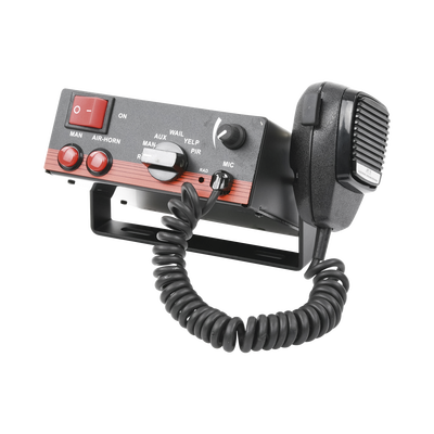 Sirena Vehicular de 100W de Potencia Con Switch Giratorio de 6 posiciones Micrófono de Uso Rudo e Interconexión a Radio