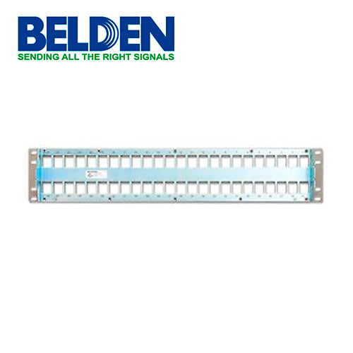 PATCH PANEL MODULAR BLINDADO CAT6A CAT6 CAT5E BELDEN AX104564 48 PUERTOS RJ45 (VACÍO) ESTILO KEYCONNECT TITANIUM 2 UNIDADES DE RACK USO INTERIOR INCLUYE TORNILLOS CORREA VELCRO BARRA DE CONEXIÓN CABLE TRASERO GUIA DE INSTALACION KIT CABLE DE TIERRA