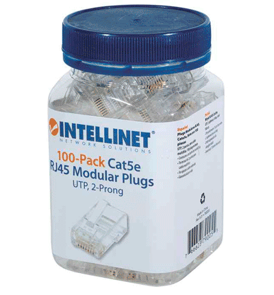 INTELLINET 790055 - Paquete de 100 conectores modulares Cat5e RJ45 / UTP  2 pines  para cable trenzado  100 clavijas en bote