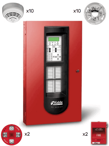KIDDE F_FX1000KIT10 - Panel FX 1000 / 10 Detectores de Humo con Bases / 2 Estaciones Manuales / 2 Sirenas con Estrobo