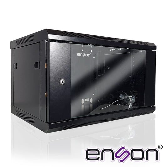 GABINETE DE PARED ENSON ENS-RKGB6UD 6UR PUERTA FRONTAL DE CRISTAL TEMPLADO CON CERRADURA DE SEGURIDAD RANURAS DE VENTILACION EN LA PARTE SUPERIOR PARA 2 VENTILADORES DE 11 CM 600X450X368MM  REQUIERE ENSAMBLAJE