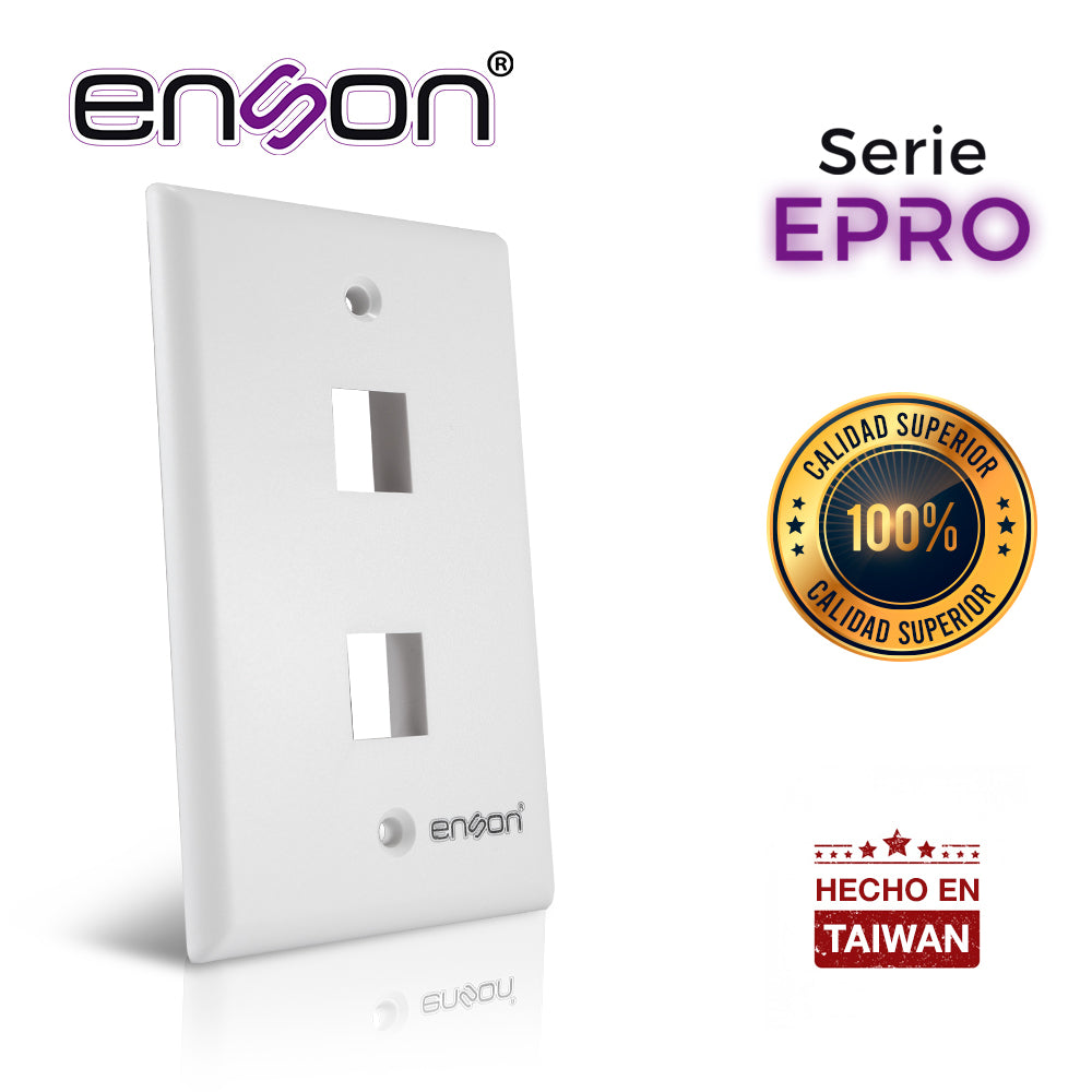 PLACA DE PARED (FACEPLATE) ENSON EPRO-FP20 COMPATIBLE CON JACK KEYSTONE 2 PUERTOS COLOR BLANCO  USO EN INTERIOR  IDEAL PARA CONECTORES RJ45  COAXIAL  FIBRA OPTICA  FABRICADO EN PLASTICO ABS