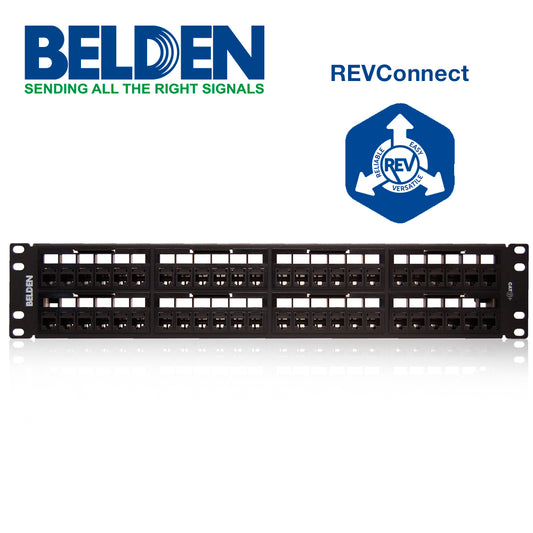 PATCH PANEL REVCONNECT BELDEN RV6PPF2U48BK CAT6 48 PUERTOS RJ-45  (PRECARGADO) COLOR NEGRO 2 UNIDAD DE RACK HERRAMIENTA COMPATIBLE RVUTT01 USO INTERIOR CALIBRE DEL CONDUCTOR 23-24 AWG INCLUYE TORNILLOS CORREA VELCRO BARRA ADMINISTRACION TRASERA GUIA